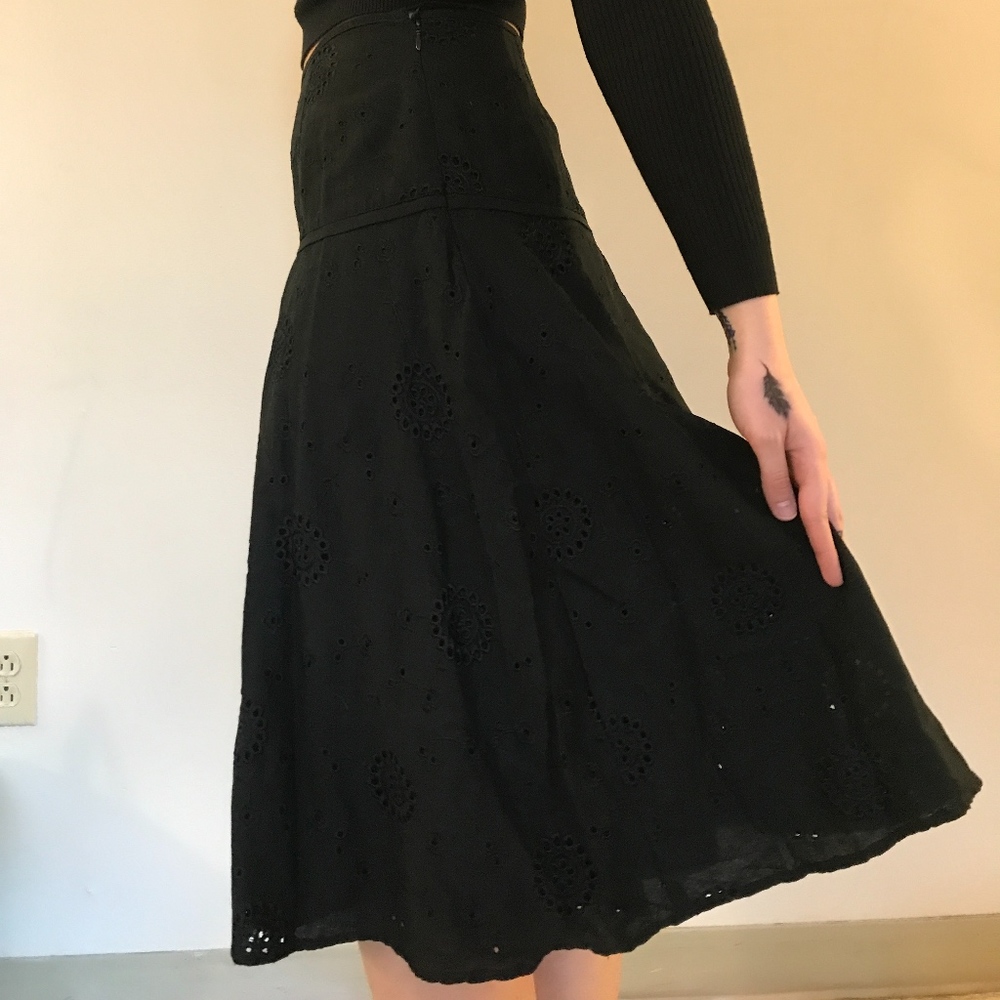 Carole Little Black Linen Floral Eyelit Skirt